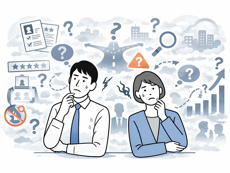 将来への不安を抱える社員のモチベーションの上げ方を表したイラスト。キャリアの不透明さや先行きが見えない状態により、やる気が低下している様子を可視化している。