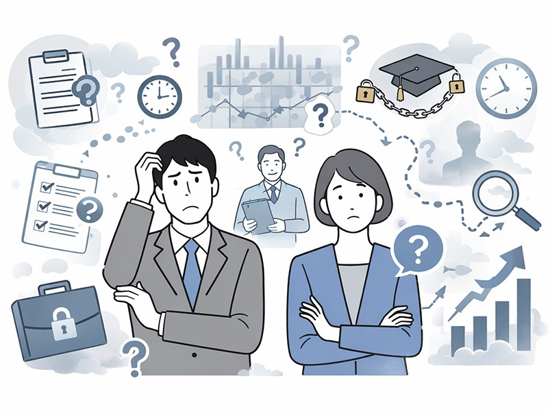 成長停滞を感じる社員のモチベーションの上げ方を示すイラスト。スキルの可視化不足やキャリア不安など、やる気が下がる要因を整理して表現している。