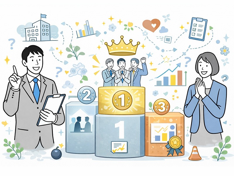 定着率が高い会社の理由ランキングを表したイメージ。定着率とは何かを前提に、働きやすい環境や関係性の良さ、成長実感など人が自然と定着する要因を人物とアイコンで可視化している図