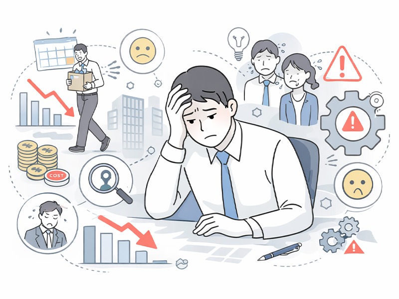 採用してはいけない人を入社させたことで、早期離職や追加採用コスト、現場疲弊などの企業リスクが連鎖的に発生している様子を表したイラスト