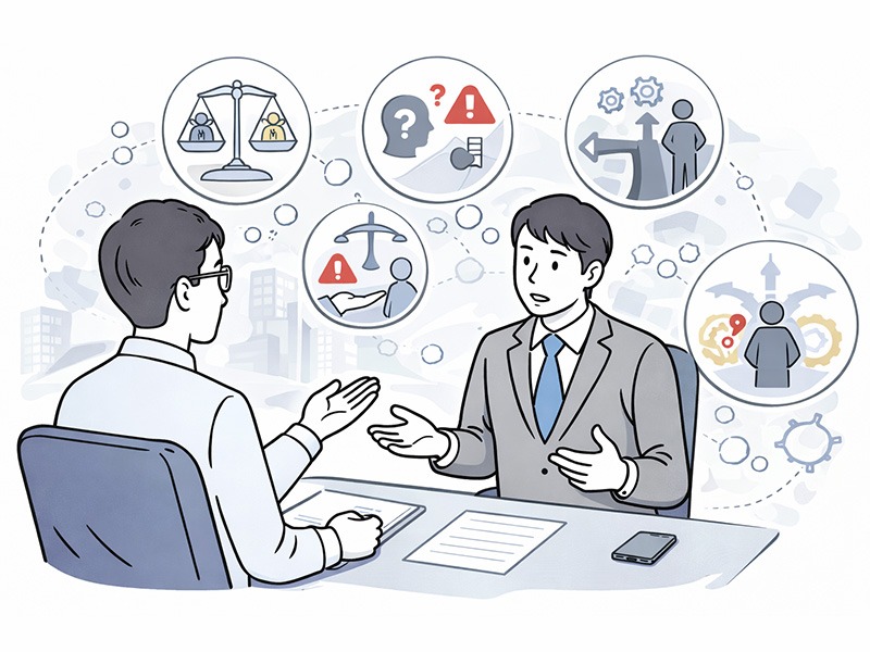 採用してはいけない人を見抜くために、思考プロセスや責任意識、価値観の優先順位を確認する質問例を面接シーンとアイコンで整理したイラスト