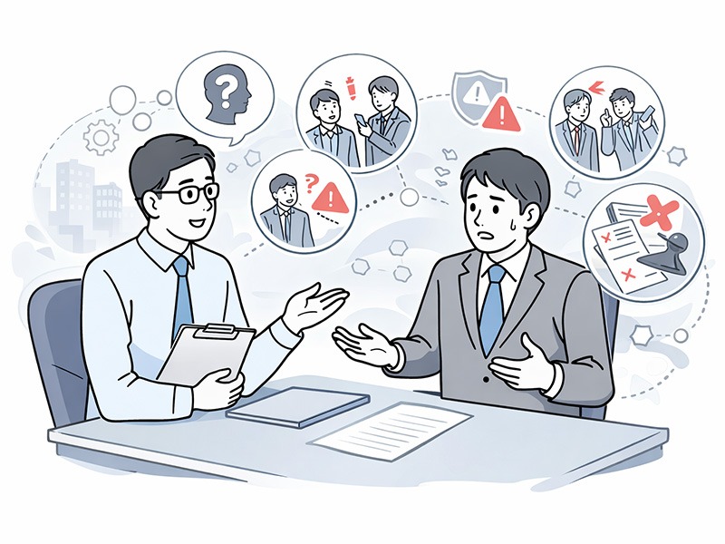 採用してはいけない人に見られる責任回避やルール軽視の兆候を、面接シーンとアイコンで可視化し、質問による見極めポイントを示したイラスト