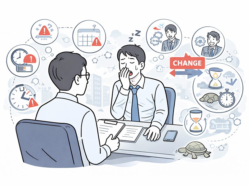 採用してはいけない人に見られる自己管理不足や変化への抵抗を、面接シーンとアイコンで可視化し、行動特性を見抜くポイントを示したイラスト