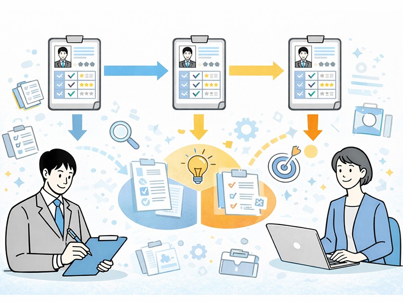 面接評価シートを一次・二次・最終など選考フェーズ別に使い分け、中途採用・新卒採用の評価基準を整理して活用するイメージ（無料エクセルテンプレート対応）
