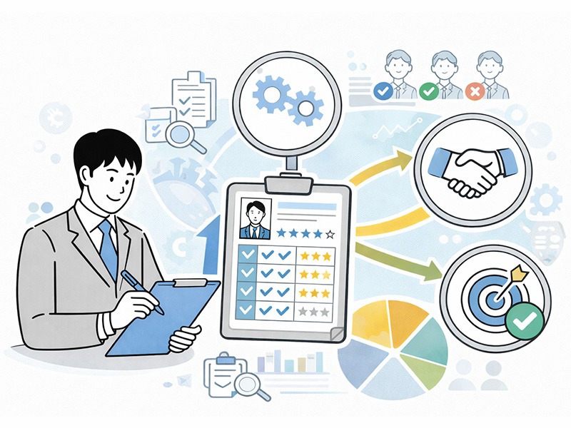 面接評価シートの基本項目をもとに、スキル・思考・行動・価値観を多面的に評価する中途採用・新卒採用の様子（無料エクセルテンプレート対応）