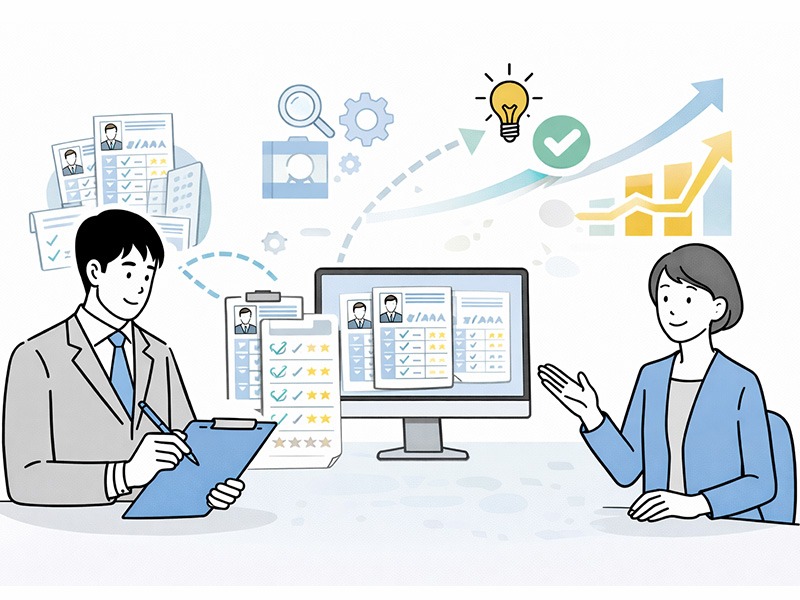 面接評価シートを運用に組み込み、評価結果を蓄積・振り返りながら中途採用・新卒採用の改善につなげる様子（無料エクセルテンプレート対応）