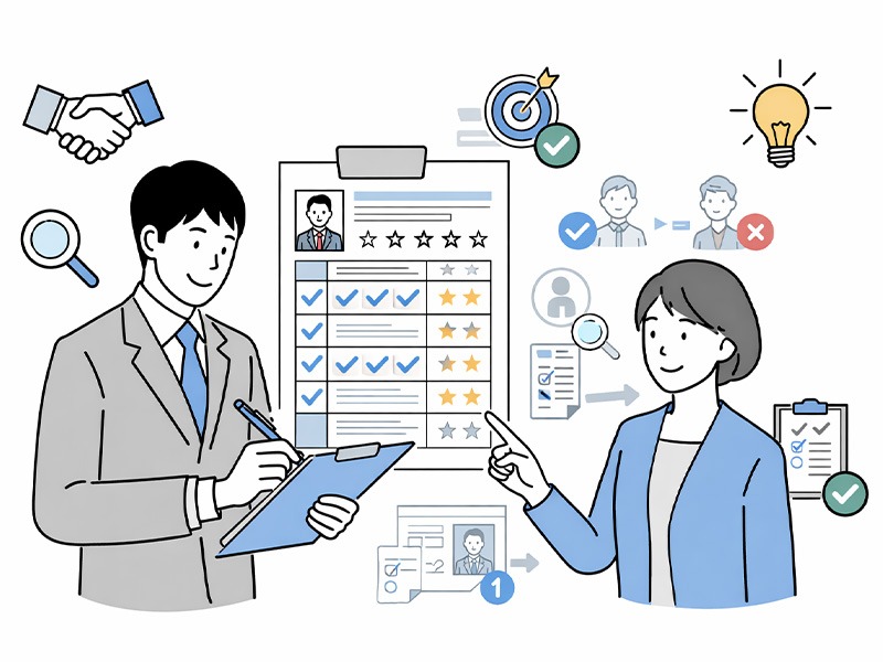 面接評価シートを使って評価項目を整理し、面接官ごとの主観を抑えて中途採用・新卒採用を比較評価する様子（無料エクセルテンプレート対応）