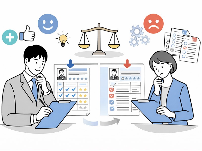 面接評価シートのメリットとデメリットを比較し、評価の機械化や項目過多に注意しながら中途採用・新卒採用を行う様子（無料エクセルテンプレート対応）