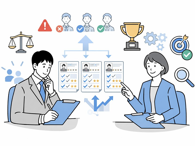 面接評価シートを導入して評価基準を統一し、複数面接官でも選考の質を安定させる中途採用・新卒採用のイメージ（無料エクセルテンプレート）