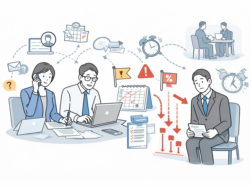 人材紹介・有料職業紹介事業において面接調整や企業対応が優先され、面接対策まで手が回らず選考歩留まりが低下する課題を示したイメージイラスト