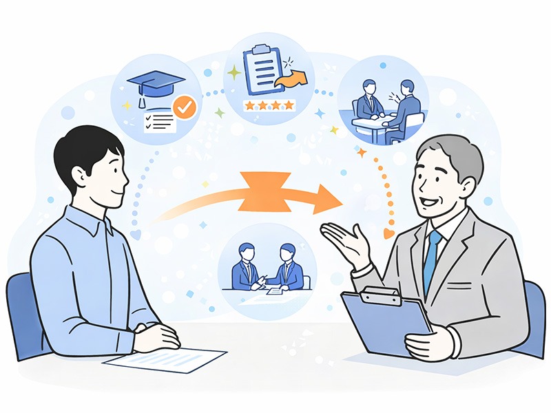 人材紹介会社が面接対策を外注し、専門性によって支援品質と面接通過率を高める様子を表したイメージイラスト