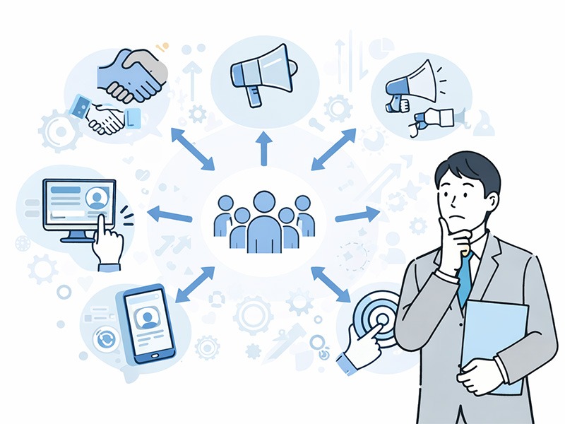 人材紹介会社の起業・設立において、求職者集客を安定させるための主要な集客方法の全体像を示したイメージ