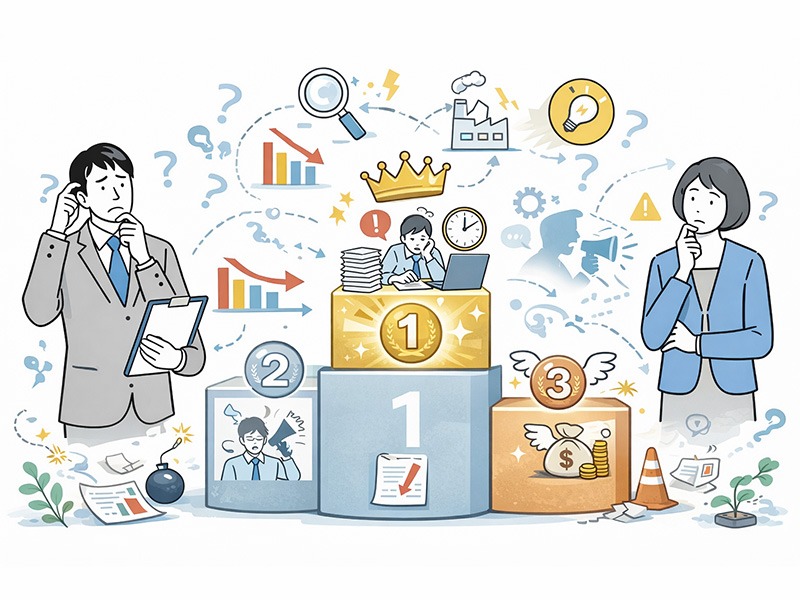 定着率が低い会社の理由ランキングを表したイメージ。定着率とは何かを前提に、長時間労働や評価制度、職場環境などの要因を人物とアイコンで可視化している図