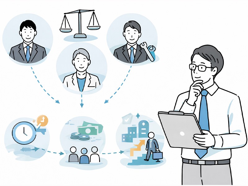 中小企業が中途採用を行うメリットを、即戦力確保や柔軟な採用時期などの要素を示すアイコンとともに整理したイメージイラスト