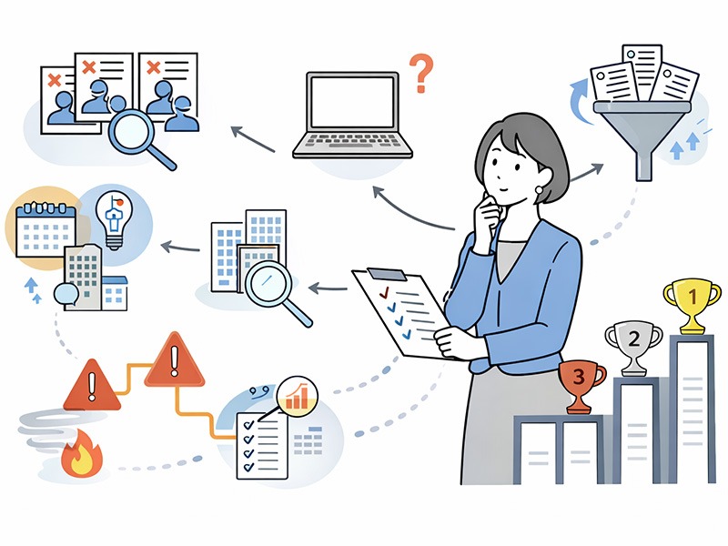中途採用における採用課題をランキング形式で整理し、母集団形成や要件設計など工程別の課題を可視化したイメージ