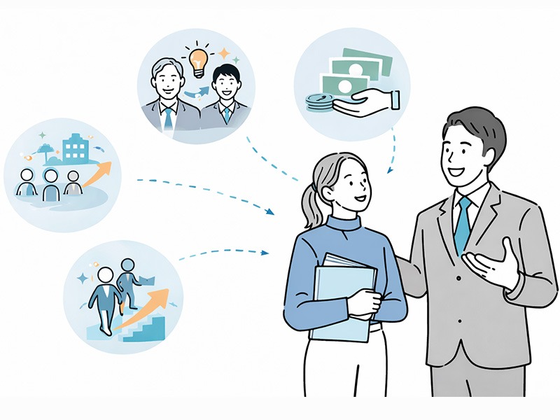 中小企業における中途採用手法の特徴とやり方を、採用の進め方や運用の違いを示すアイコンとともに整理したイメージイラスト