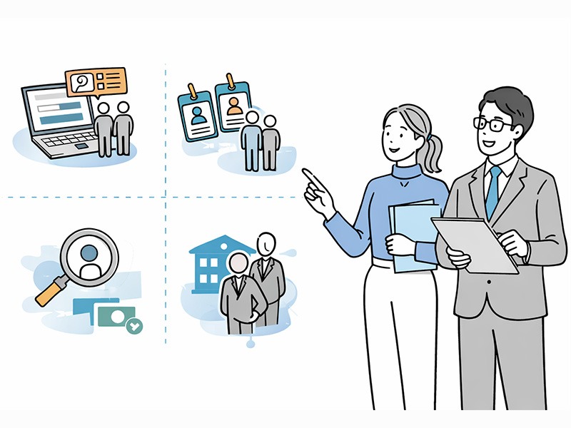 中小企業向けに中途採用手法を一覧で整理し、求人広告・人材紹介・スカウトなどの選択肢を俯瞰して検討している様子を表したイメージイラスト