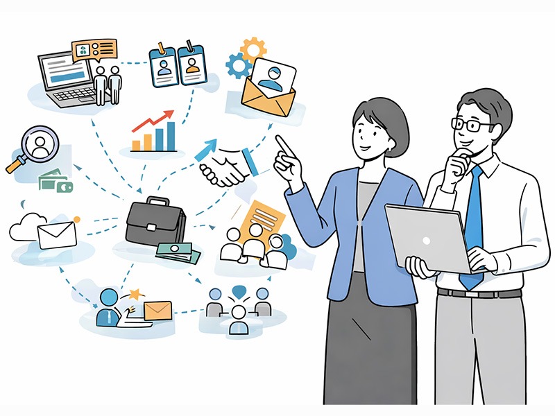 中小企業における中途採用手法の最新トレンドを、採用チャネルや手法の変化を示すアイコンとともに俯瞰的に表したイメージイラスト