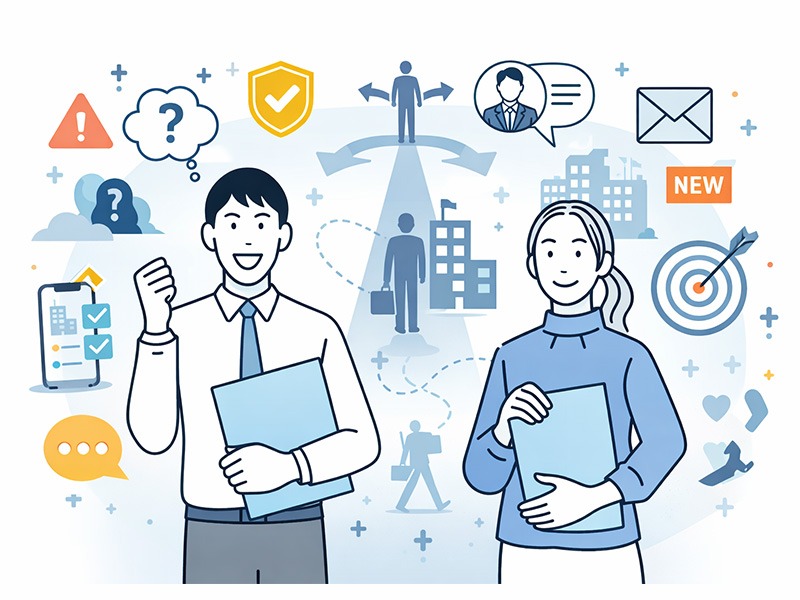 内定者フォローが内定辞退に与える影響を説明するイラスト。内定者の不安や情報整理を示すユニークな図解要素を含む。