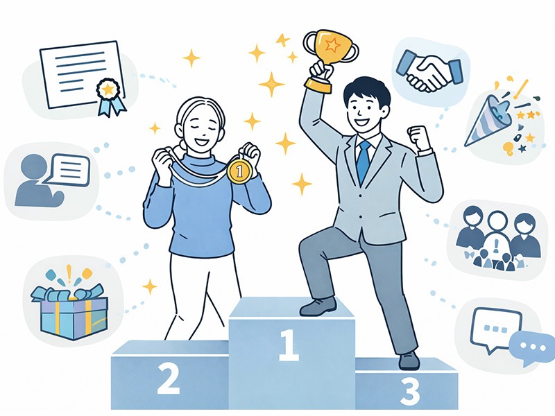 内定者フォローで嬉しかった事例ランキングを表現したイラスト。メダルやトロフィーと複数のフォロー施策アイコンで本音の評価ポイントを示している。
