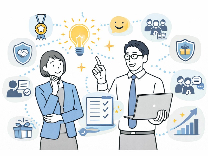 内定者フォローの成功パターンを象徴するイラスト。社員2人がフォロー施策の成果や共通要素を話し合い、複数のアイコンで成功要因を視覚的に示している。