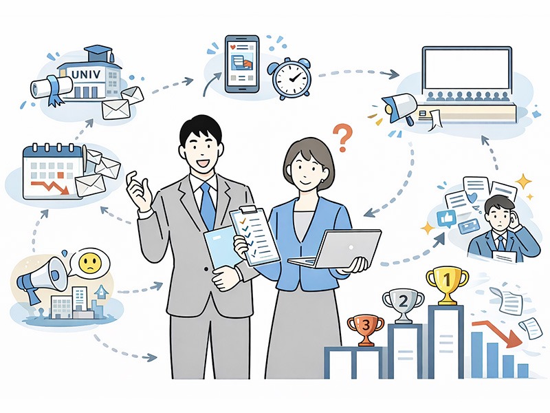 新卒採用における採用課題をランキング形式で整理し、母集団形成や学生行動の変化、準備不足による課題を可視化したイメージ