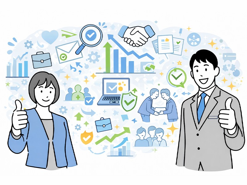 内定承諾率が高い企業の特徴を示すイメージ。採用ターゲットの明確化や魅力訴求の一貫性、選考スピードの速さ、内定後フォロー体制によって新卒・中途採用の内定承諾率を高めている様子を表している。