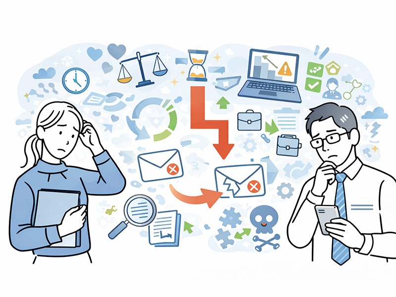 内定承諾率が下がる理由と辞退実態を示すイメージ。新卒・中途採用において、候補者の価値観変化や企業対応の遅れ、情報提供不足などが内定辞退につながる構造を表している。