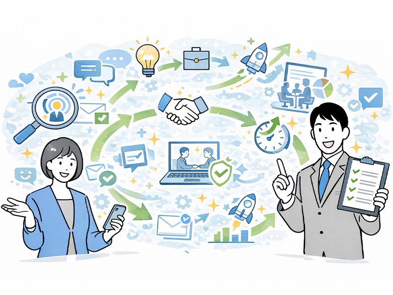 内定承諾率を上げる改善施策を示すイメージ。候補者体験の向上や情報提供の質の改善、選考スピード最適化などの取り組みによって、新卒・中途採用の内定承諾率を高める流れを表している。