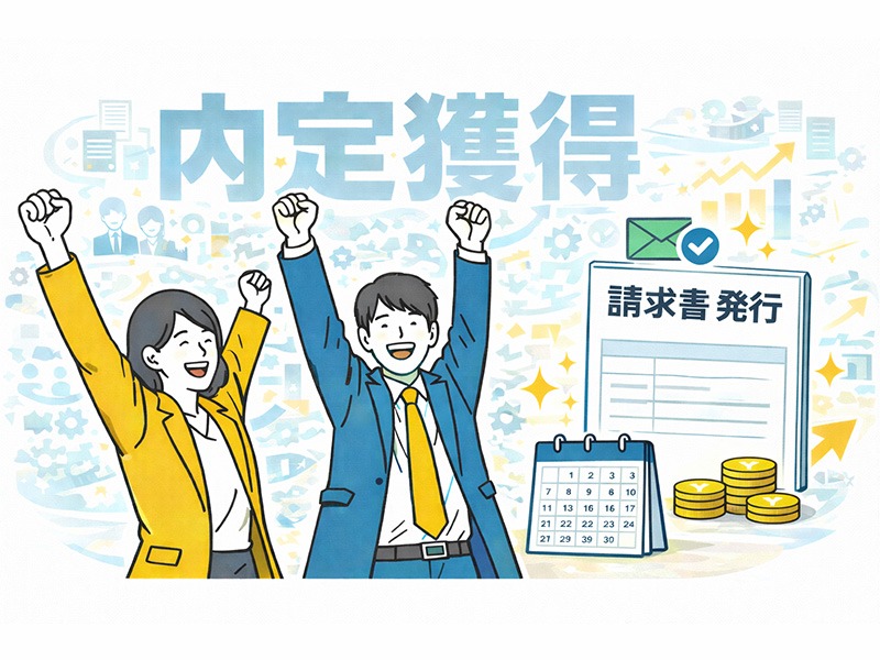 内定獲得後に請求書を発行し支払いが発生する人材紹介会社向け成果報酬型支援のイメージ