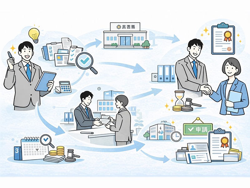 有料職業紹介事業許可の申請方法と手続きの流れを、必要書類の準備から審査・許可まで段階的に示したイラスト