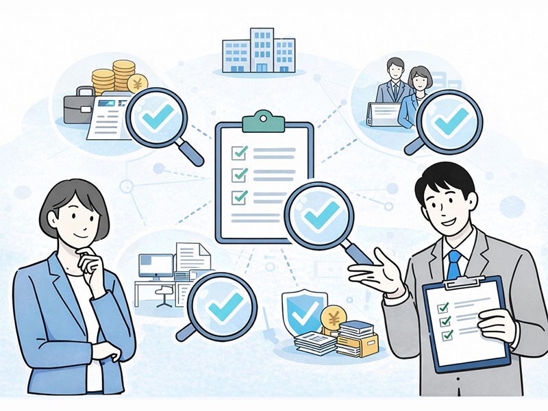 有料職業紹介事業許可の取得条件である資産要件・人的要件・事務所要件を整理し、申請前の準備ポイントを示したイラスト