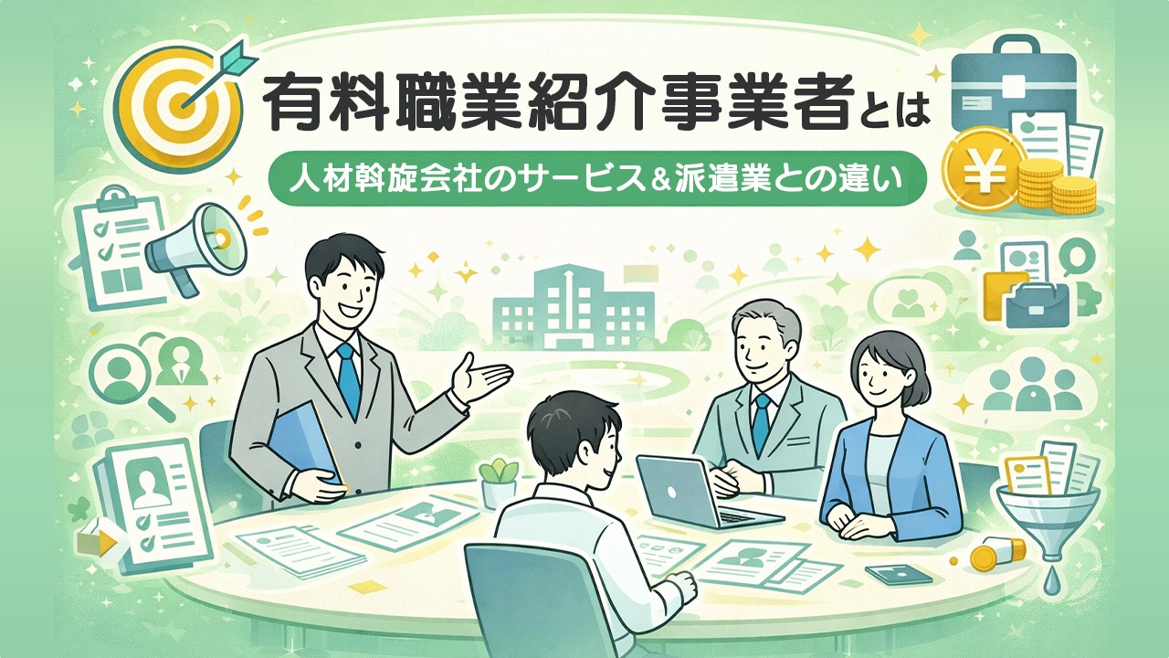 有料職業紹介事業者とは何かを解説するアイキャッチ画像。人材斡旋会社のサービス内容や派遣業との違いを表現したイラスト