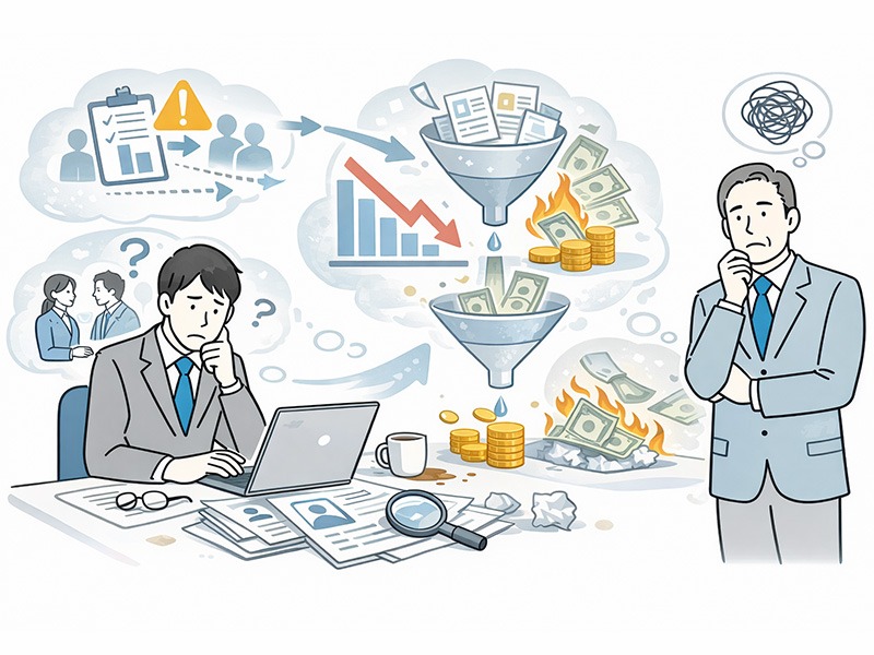 有料職業紹介事業者の利益が伸びない要因を表したイラスト。人材斡旋会社における収益構造の課題や工程ごとの歩留まり悪化を示している