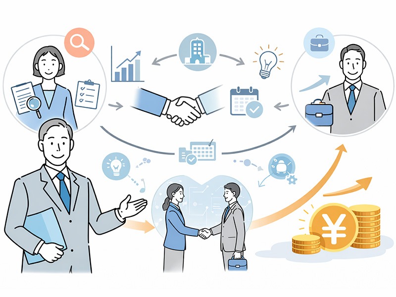 有料職業紹介事業者の収益構造を示すイラスト。人材斡旋会社が採用成立時に成果報酬を得るビジネスモデルを図解している