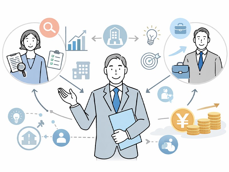 有料職業紹介事業者の仕組みを表したイラスト。人材斡旋会社が企業と求職者をつなぎ、成果報酬で成り立つ構造を示している