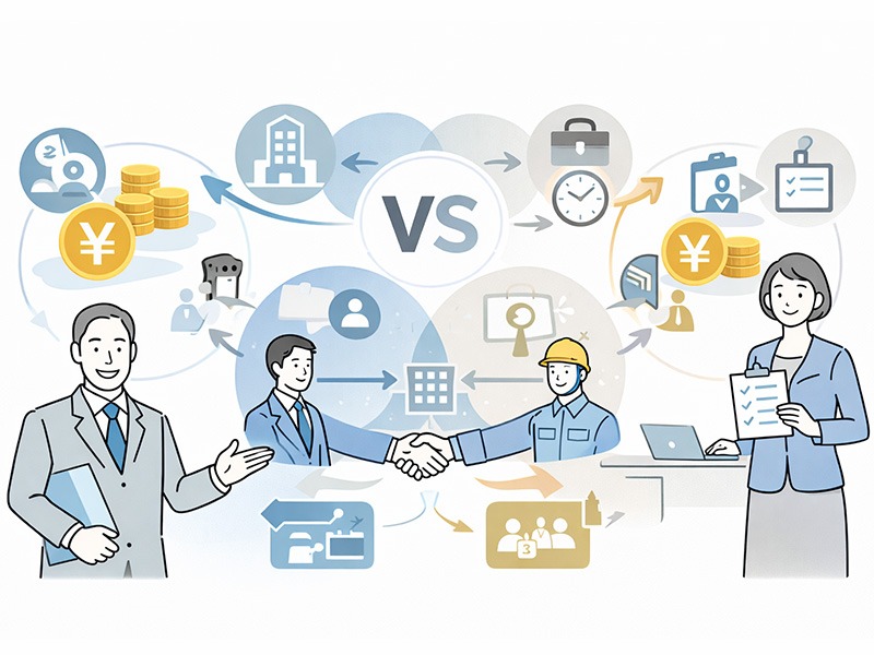 有料職業紹介事業者と人材派遣業の違いを比較したイラスト。人材斡旋会社と派遣会社の収益構造や契約関係の違いを視覚的に示している