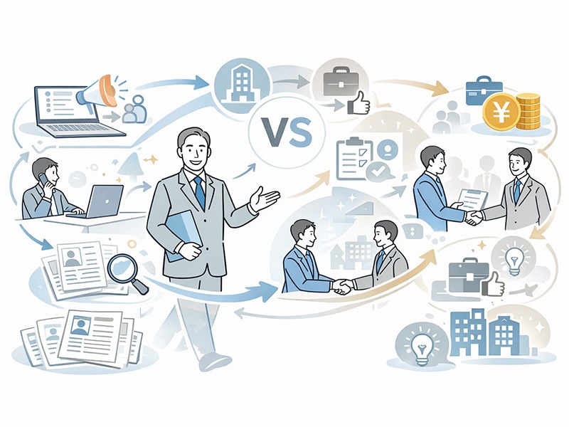 有料職業紹介事業者の仕事内容と業務工程を示すイラスト。人材斡旋会社における集客・推薦・選考フォロー・内定支援までの流れを表現している