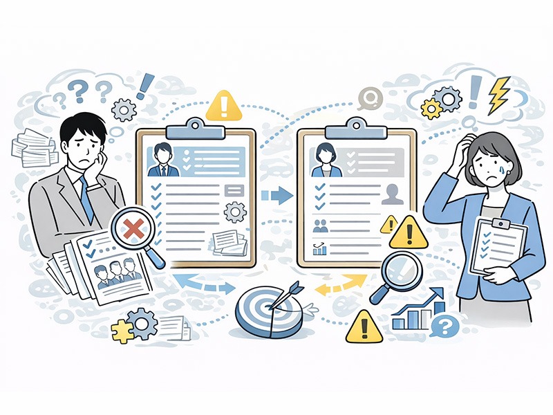 採用ペルソナ設計時の注意点として、作り込みすぎや簡略化によるズレを防ぎ、採用基準として運用しやすく調整する様子を表したイラスト