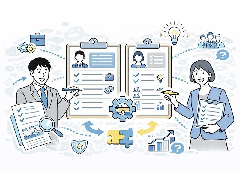 採用ペルソナのテンプレートをもとに、中途採用と新卒採用それぞれの人物像を具体例として整理する様子を表したイラスト