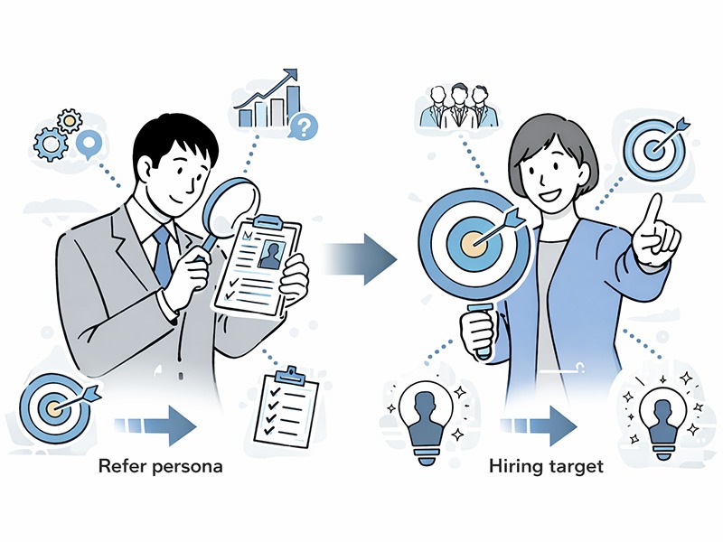 採用ペルソナと採用ターゲットの違いを整理し、採用活動における役割と使い分けを視覚的に示したイラスト