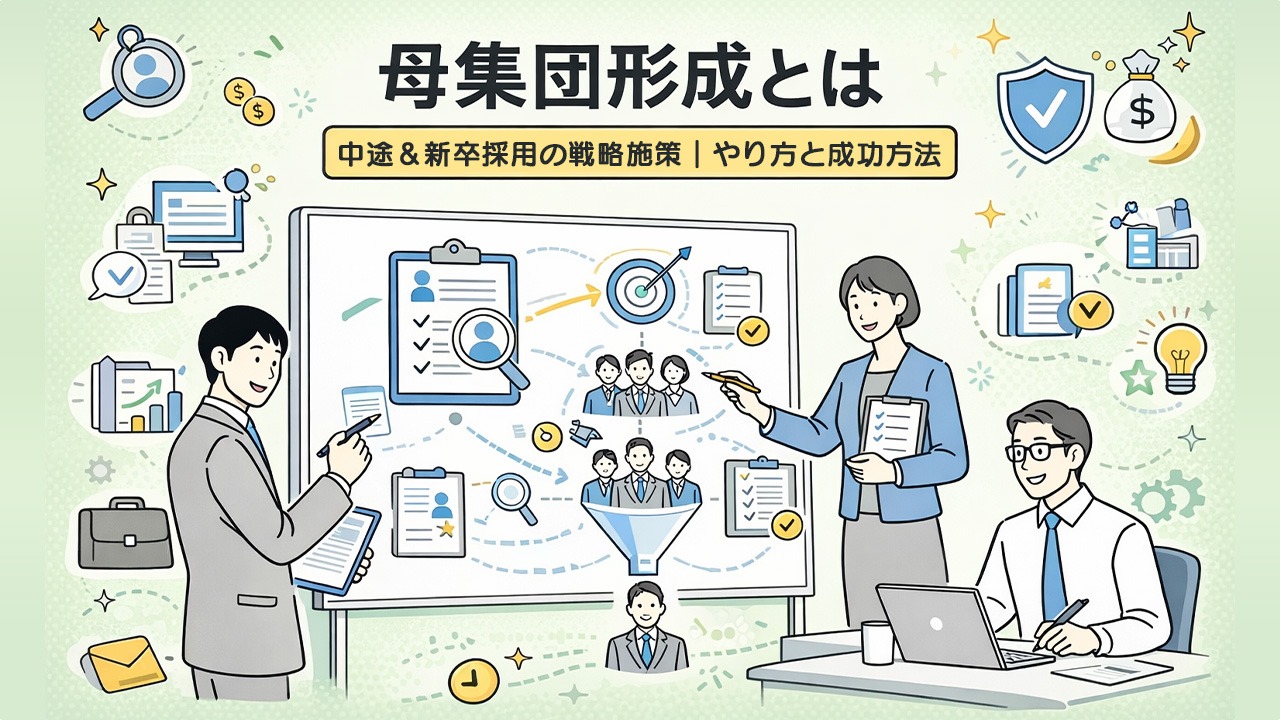 母集団形成とは何かを解説するアイキャッチ画像。中途採用・新卒採用において、母集団形成を増やすための戦略施策ややり方、成功方法を、人事担当者が設計図をもとに検討する様子で表現している。
