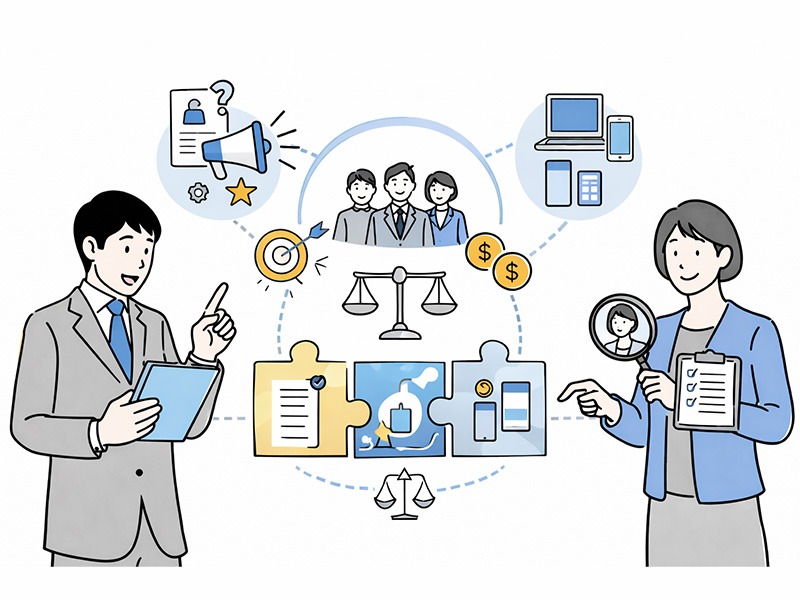 母集団形成の設計ポイントを示すイラスト。中途採用・新卒採用において、採用要件・訴求軸・チャネル選定を一貫した設計として整理し、母集団の質と量を左右する要素を可視化している。