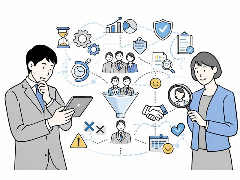 母集団形成が採用成果に与える影響を表したイラスト。中途採用・新卒採用において、母集団の質が選考効率やミスマッチ防止、採用計画の安定性にどのようにつながるかを構造的に示している。