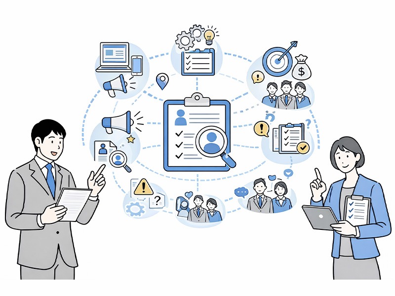 母集団形成の手法と注意点を整理したイラスト。中途採用・新卒採用において、複数の母集団形成施策を目的やターゲット別に使い分け、質の高い母集団を構築する考え方をアイコンで表現している。