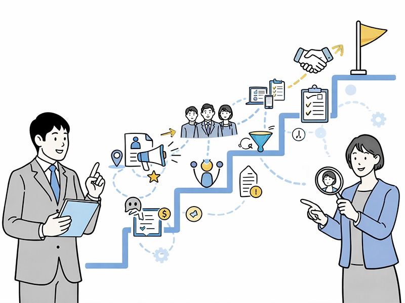 母集団形成のステップを段階的に示すイラスト。中途採用・新卒採用において、採用要件の整理からチャネル運用、応募後の管理までの一連の母集団形成プロセスを可視化している。