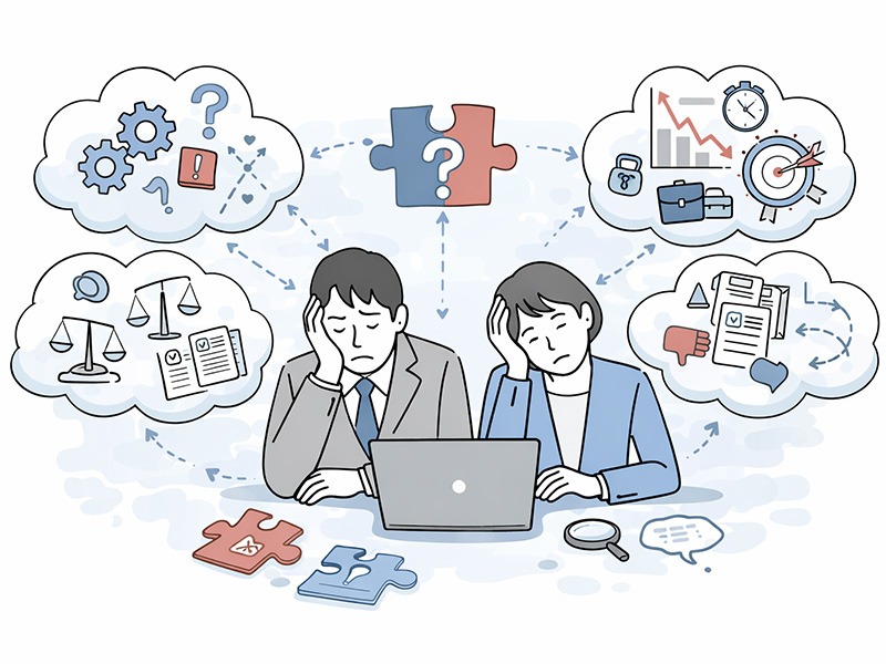 採用担当あるあるとして、業務の曖昧さや評価軸の不明瞭さといった構造的な課題により、きつい・辛い・辞めたいと感じやすい採用担当の悩みを可視化したイラスト