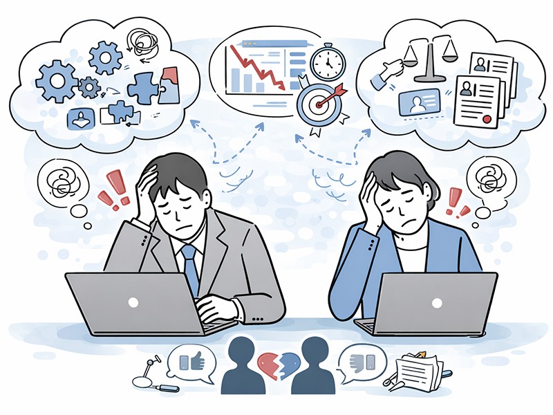 採用担当あるあるとして、成果責任や調整業務の積み重ねにより、きつい・辛いと感じる理由を整理し、向いている人の考え方を可視化した採用担当者のイラスト