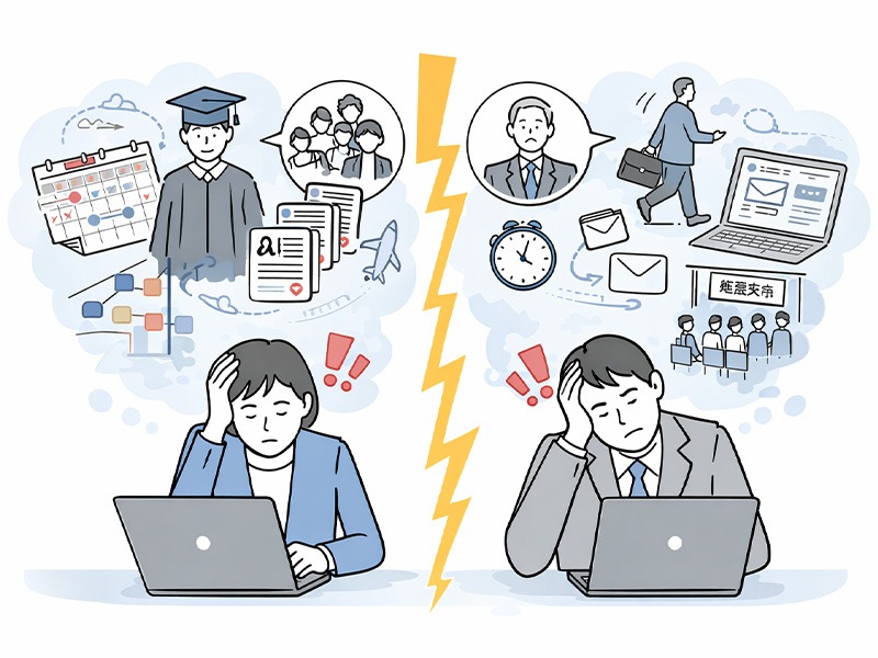 採用担当あるあるとして、新卒採用と中途採用の違いにより、スケジュール調整や候補者対応の負荷が変わり、悩みやきつい・辛い瞬間が生じる様子を表したイラスト