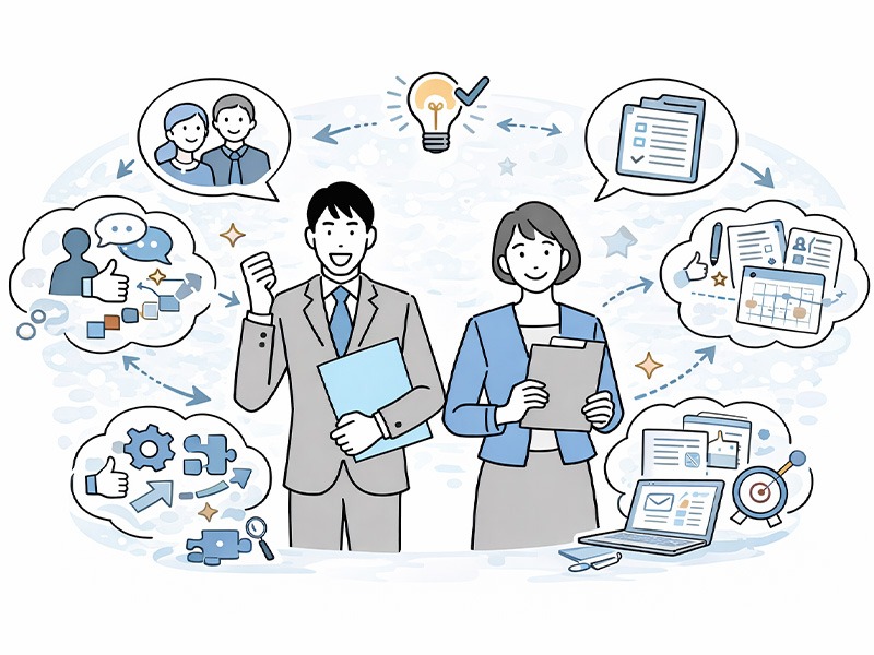 採用担当あるあるとして、コミュニケーション力や調整力、情報整理力など、向いている人に求められる能力を可視化した採用担当者のイラスト